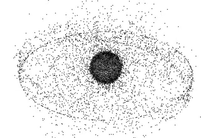 A field of debris in space around the Earth