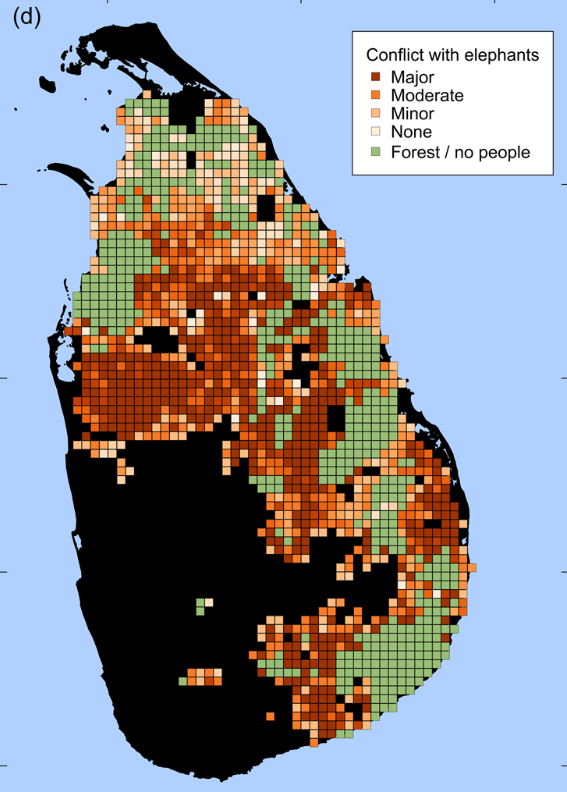 Map showing elephant war zones in Sri Lanka.